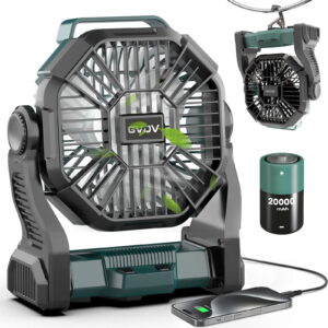 GVDV Camping Fan with LED Lantern, 20000mAh Portable Battery Operated Outdoor Fan, Personal Rechargeable Desk Fan for Travel, Hiking, Fishing, Picnic, Green