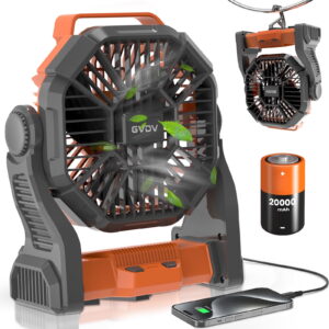GVDV Camping Fan with LED Lantern, 20000mAh Portable Battery Operated Outdoor Fan, Personal Rechargeable Desk Fan for Travel, Hiking, Fishing, Picnic, Orange