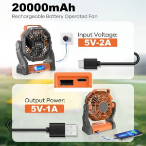 GVDV Camping Fan with LED Lantern, 20000mAh Portable Battery Operated Outdoor Fan, Personal Rechargeable Desk Fan for Travel, Hiking, Fishing, Picnic, Orange