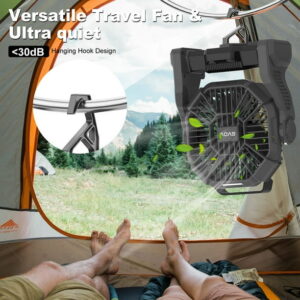 GVDV Camping Fan with LED Lantern, 20000mAh Portable Battery Operated Outdoor Fan, Personal Rechargeable Desk Fan for Travel, Hiking, Fishing, Picnic, Black