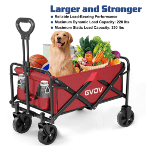GVDV Collapsible Wagon Cart, Portable Utility Wagon for Camping, Beach, Picnic, Shopping, Sports, and Grocery Transport, Red