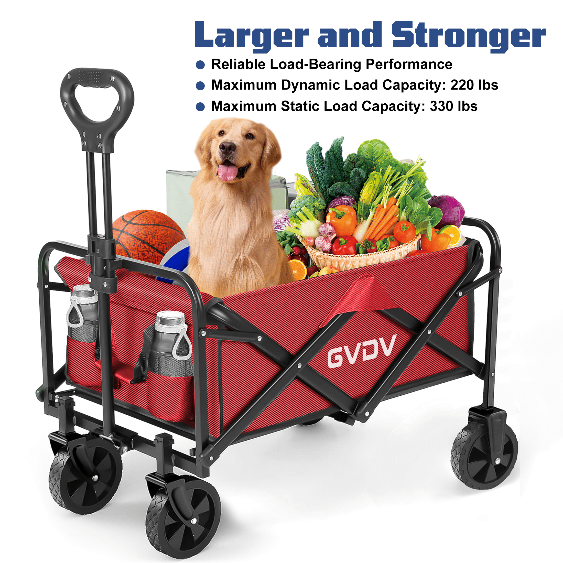 GVDV Collapsible Wagon Cart, Portable Utility Wagon for Camping, Beach, Picnic, Shopping, Sports, and Grocery Transport, Red