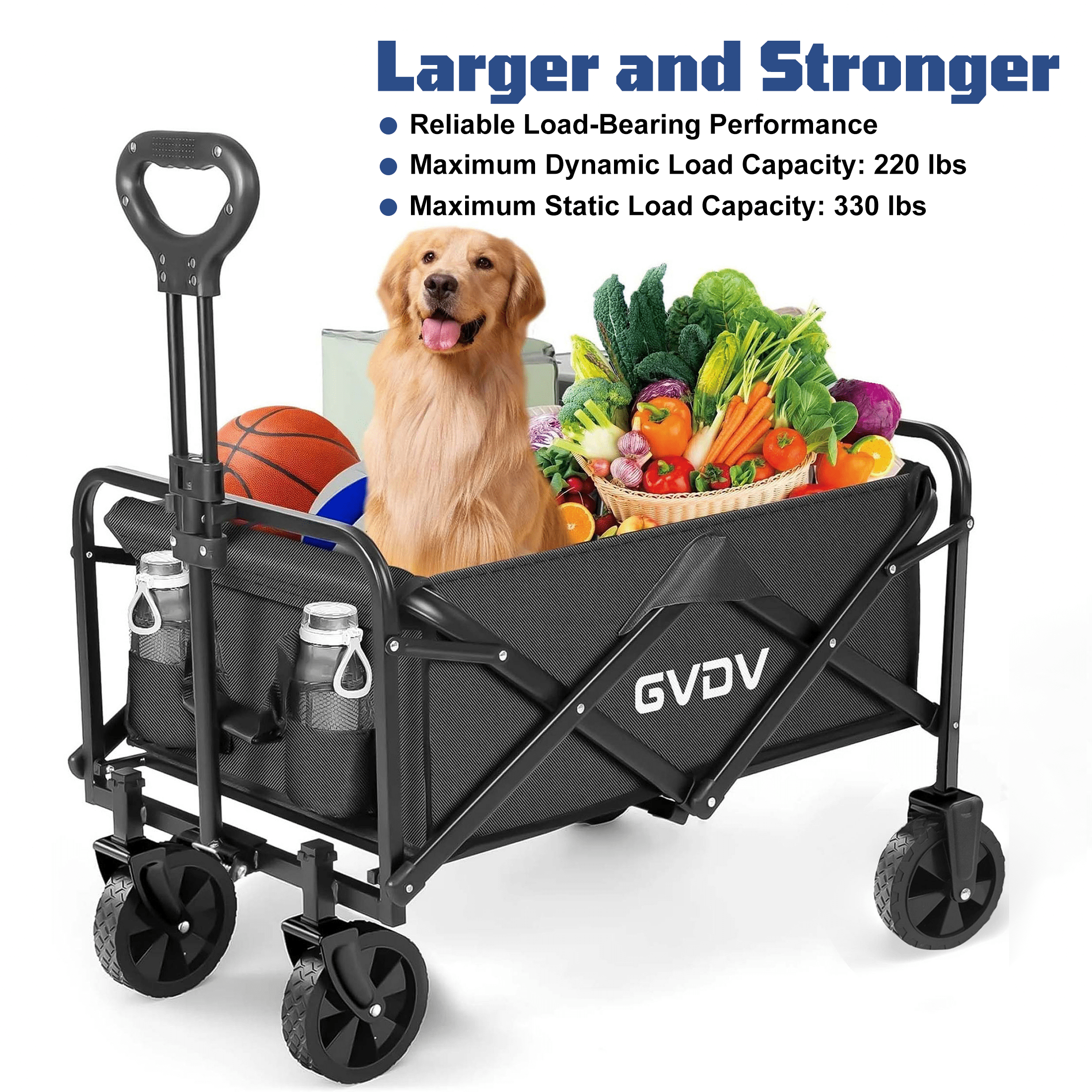 GVDV Collapsible Wagon Cart, Portable Utility Wagon for Camping, Beach, Picnic, Shopping, Sports, and Grocery Transport, Black