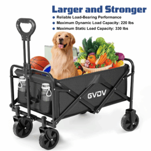 GVDV Collapsible Wagon Cart, Portable Utility Wagon for Camping, Beach, Picnic, Shopping, Sports, and Grocery Transport, Black