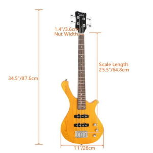 GW101 36in Small Scale Electric Bass Guitar Suit With Mahogany Body SS Pickups, Guitar Bag, Strap, Cable Transparent Yellow