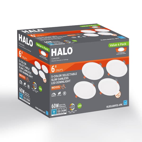 HALO HLBSL 6 in. Can Less Integrated LED, 900 Lumens, 5CCT, White (4-Pack) HLBSL609FS5-4PK