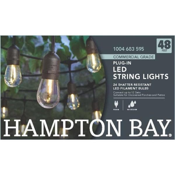 Hampton Bay 24-Light 48 ft. Plug-in Indoor/Outdoor Edison Patio String Light with S14 Single Filament LED Bulbs 10328