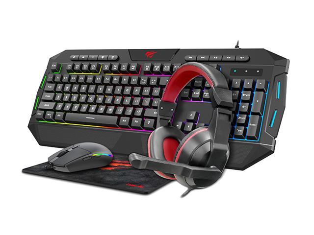 Havit 4-in-1 RGB lighting Mouse + LED Backlit 114-key Multimedia gaming keyboard + 3.5mm Headset + Fine mesh cloth Mouse Pad combo Set