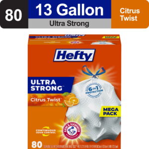Hefty Ultra Strong 13 gallon Trash Bags, Tall Kitchen Trash Bags, White, Citrus Twist Scent, 80 Bags