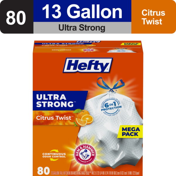Hefty Ultra Strong 13 gallon Trash Bags, Tall Kitchen Trash Bags, White, Citrus Twist Scent, 80 Bags Hefty Ultra Strong 13 gallon Trash Bags, Tall Kitchen Trash Bags, White, Citrus Twist Scent, 80 Bags