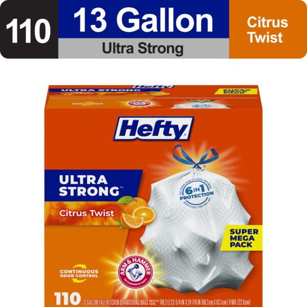 Hefty Ultra Strong 13 gallon Trash Bags, Tall Kitchen Trash Bags, White, Citrus Twist Scent, 110 Bags Hefty Ultra Strong 13 gallon Trash Bags, Tall Kitchen Trash Bags, White, Citrus Twist Scent, 110 Bags