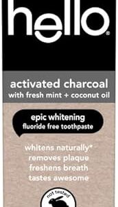 Hello Activated Charcoal Epic Teeth Whitening Toothpaste Fluoride Free, Fresh Mint & Coconut Oil, Vegan, SLS & Gluten Free, Peroxide Free, Dentifrice Blanchissant, 82 mL