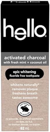 Hello Activated Charcoal Epic Teeth Whitening Toothpaste Fluoride Free, Fresh Mint & Coconut Oil, Vegan, SLS & Gluten Free, Peroxide Free, Dentifrice Blanchissant, 82 mL Hello Activated Charcoal Epic Teeth Whitening Toothpaste Fluoride Free, Fresh Mint & Coconut Oil, Vegan, SLS & Gluten Free, Peroxide Free, Dentifrice Blanchissant, 82 mL