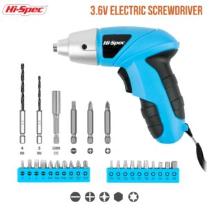 Hi-Spec 27pc 3.6V Blue USB Small Power Electric Screwdriver Set. Cordless & Rechargeable with Driver Bit Set