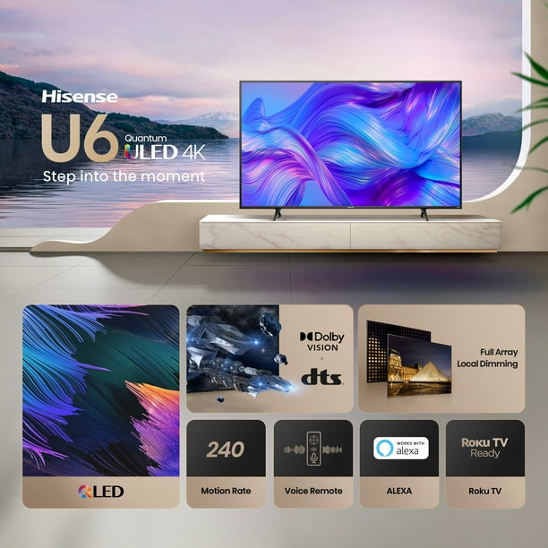 Hisense 55" Class U6HR Series QLED 4K UHD Roku Smart TV (55U6HR, 2024 Model) - QLED, Dolby Vision · Atmos, Motion Rate 240, Full Array Local Dimming, Voice Remote