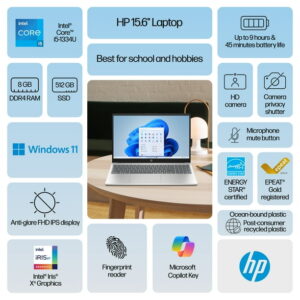 HP 15.6 inch FHD IPS Windows Laptop Intel Core i5-1334U 8GB RAM 512GB PCIe NVMe SSD Natural Silver