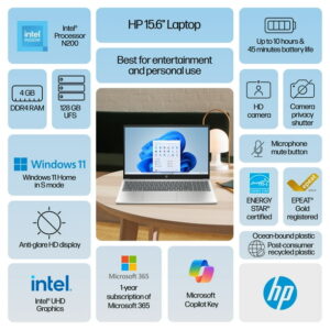 HP 15.6 inch HD Windows Laptop Intel Processor N200 4GB RAM 128GB UFS Natural Silver