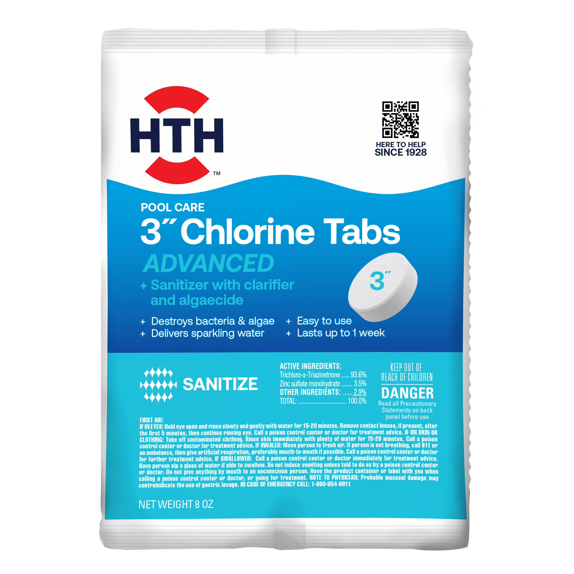 HTH Pool Care 3" Chlorine Tablet Advanced for Swimming Pools, 8oz Single Tablet
