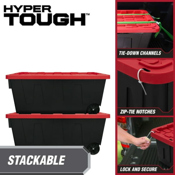 Hyper Tough Extra Large Storage Bin, 50 Gallon Plastic Storage Container with Snap-On Lid and Wheels, Black and Red