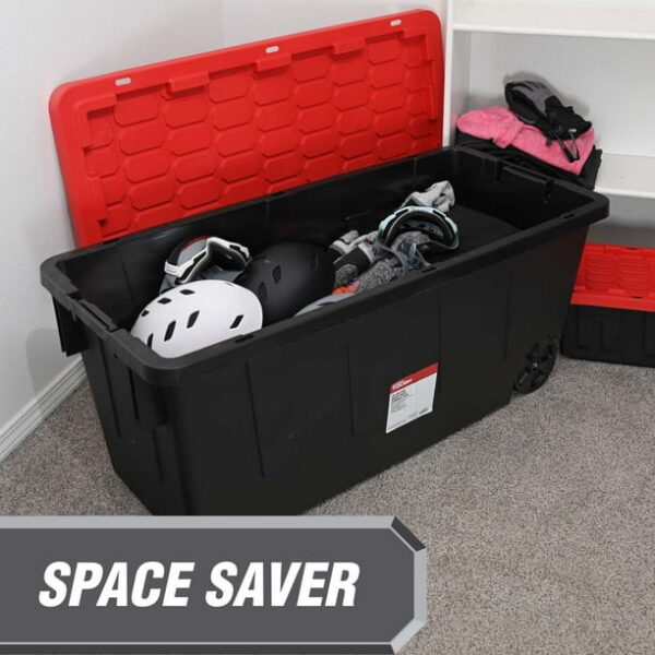 Hyper Tough Extra Large Storage Bin, 50 Gallon Plastic Storage Container with Snap-On Lid and Wheels, Black and Red