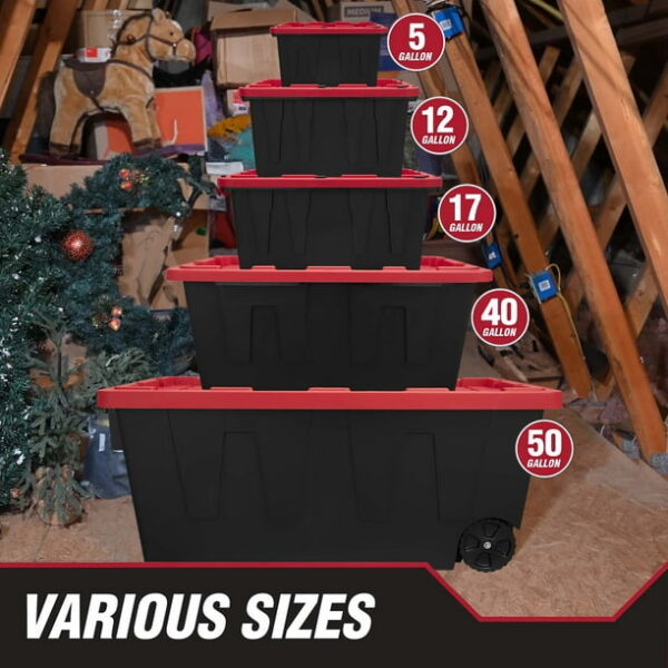 Hyper Tough Extra Large Storage Bin, 50 Gallon Plastic Storage Container with Snap-On Lid and Wheels, Black and Red