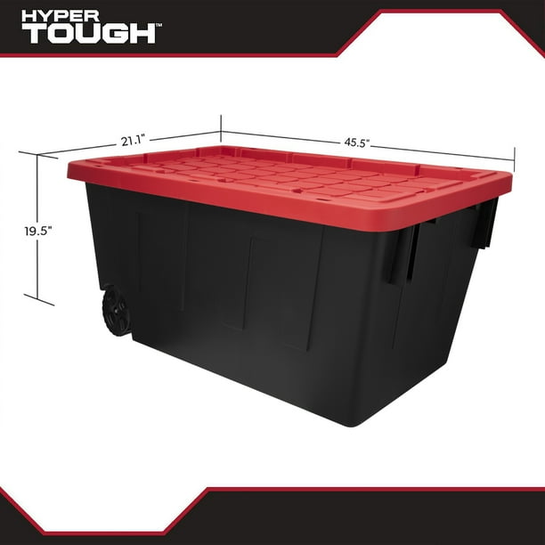 Hyper Tough Extra Large Storage Bin, 50 Gallon Plastic Storage Container with Snap-On Lid and Wheels, Black and Red