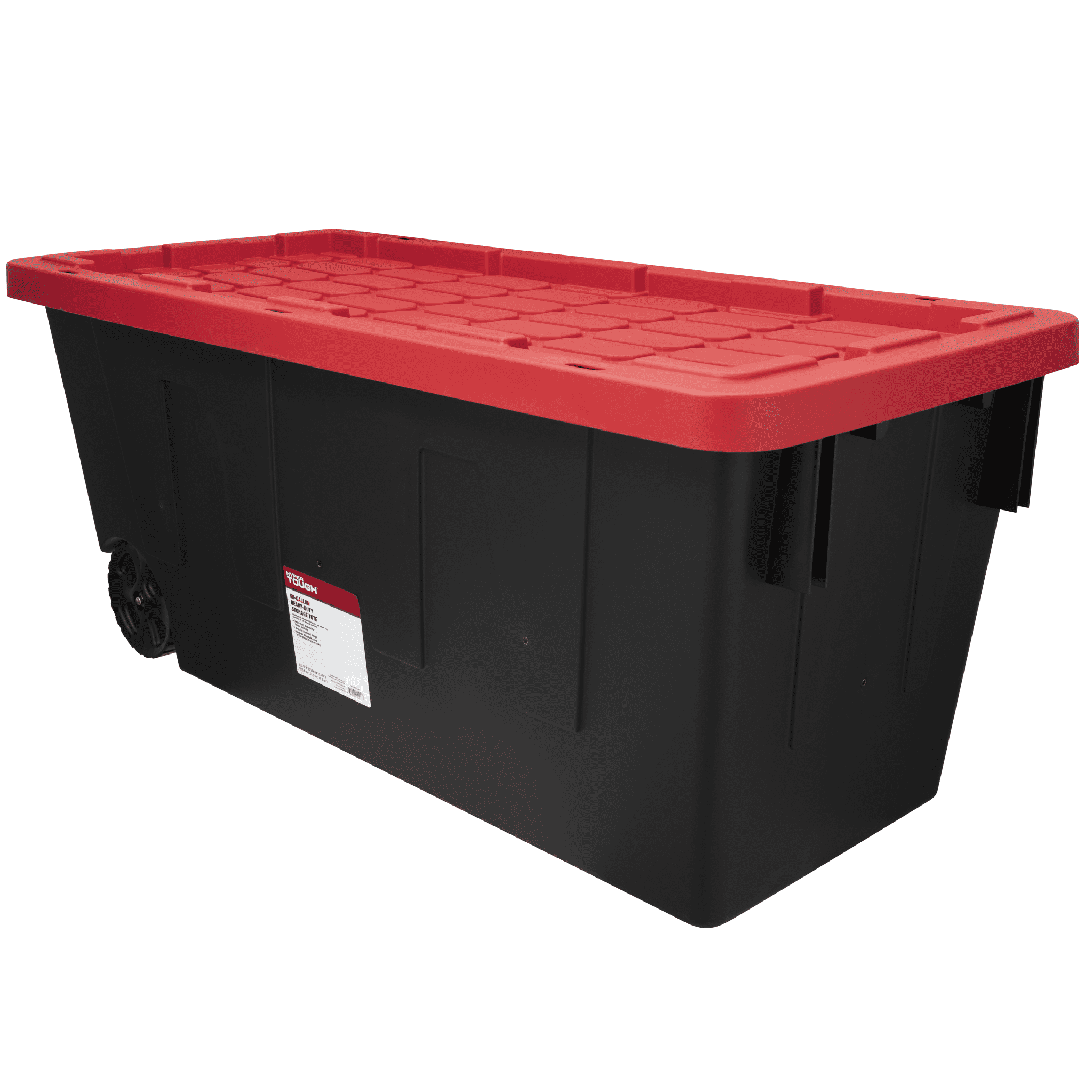 Hyper Tough Extra Large Storage Bin, 50 Gallon Plastic Storage Container with Snap-On Lid and Wheels, Black and Red