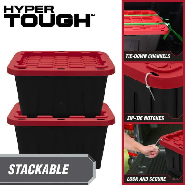 Hyper Tough Small Storage Bin, 12 Gallon Plastic Storage Container with Snap-On Lid, Black and Red
