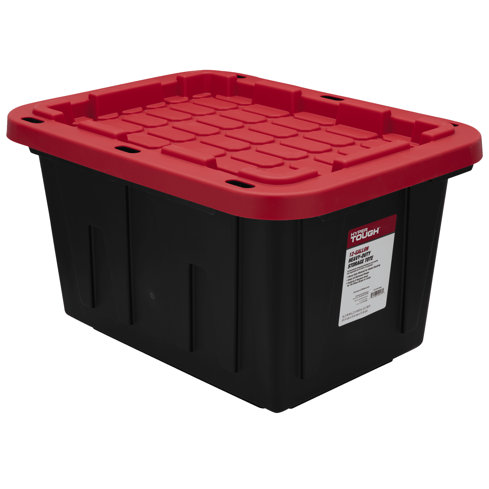Hyper Tough Small Storage Bin, 12 Gallon Plastic Storage Container with Snap-On Lid, Black and Red