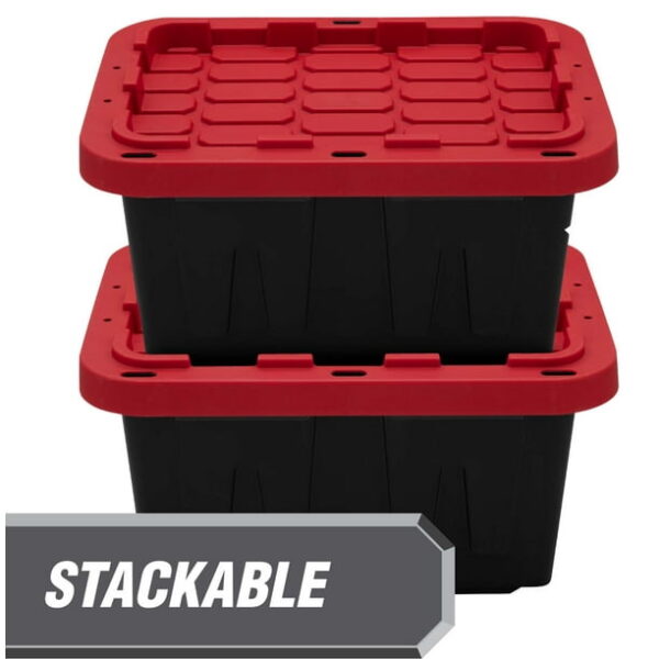 Hyper Tough Small Storage Bin, 5 Gallon Plastic Storage Container with Snap-On Lid, Black and Red