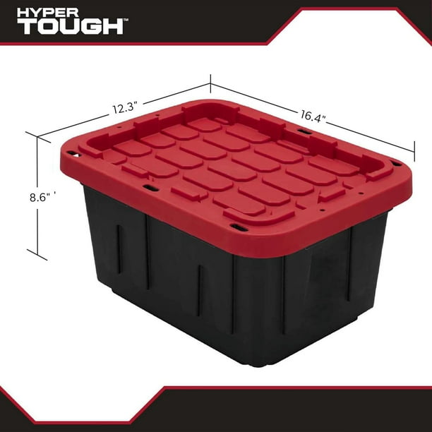 Hyper Tough Small Storage Bin, 5 Gallon Plastic Storage Container with Snap-On Lid, Black and Red