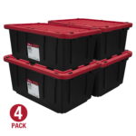 Hyper Tough Storage Bin, 17 Gallon Plastic Storage Container with Snap-On Lid, Black and Red, Pack of 4