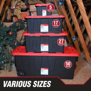 Hyper Tough Storage Bin, 17 Gallon Plastic Storage Container with Snap-On Lid, Black and Red, Pack of 4