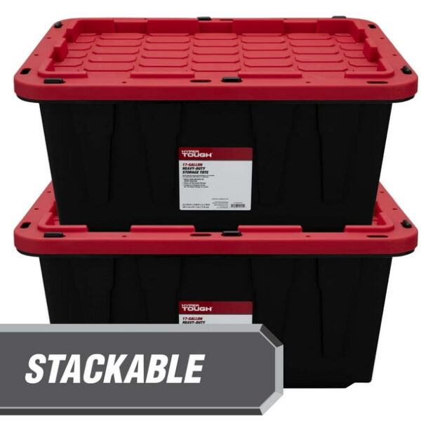 Hyper Tough Storage Bin, 17 Gallon Plastic Storage Container with Snap-On Lid, Black and Red, Pack of 4