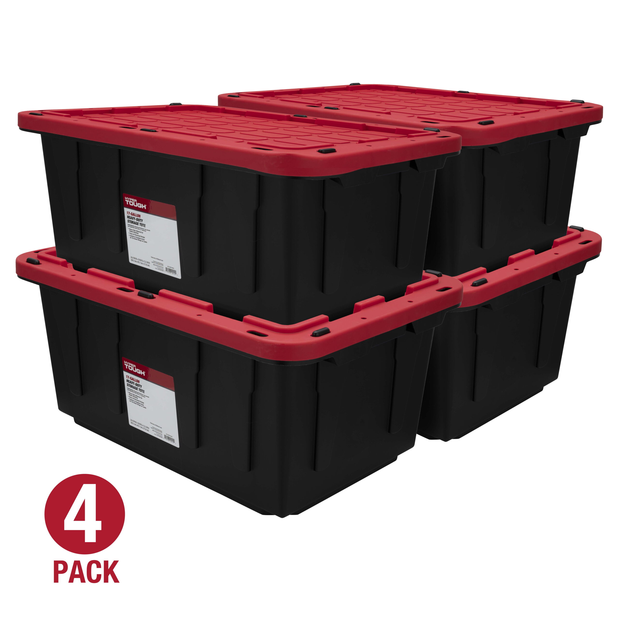 Hyper Tough Storage Bin, 17 Gallon Plastic Storage Container with Snap-On Lid, Black and Red, Pack of 4