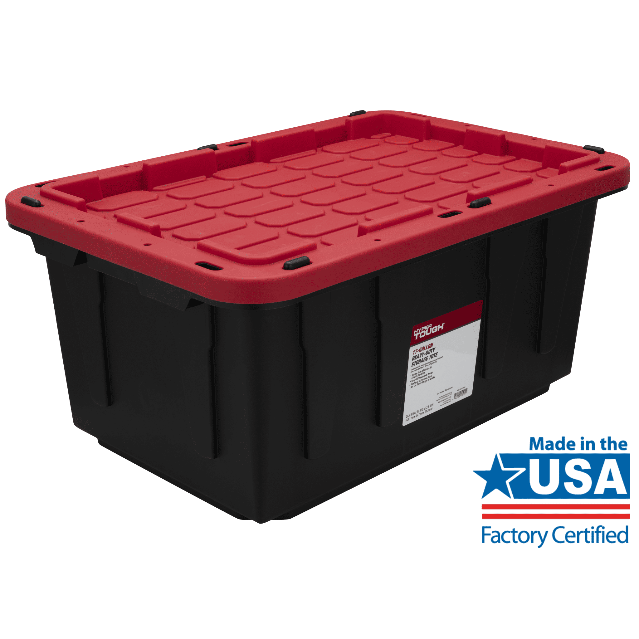 Hyper Tough Storage Bin, 17 Gallon Plastic Storage Container with Snap-On Lid, Black and Red, Pack of 4