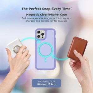 iHome Magnetic Slim Cell Phone Case for Apple iPhone 15 Pro, Pastel Purple