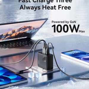 INIU 100W USB C Charger, 3-Port Fast Compact Foldable GaN Charger Block for MacBook Pro/Air, Pixelbook, ThinkPad, Dell XPS, iPad Pro, iPhone 16/15 Series, Galaxy S24 /S23, and More