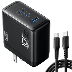 INIU 100W USB C Charger, 3-Port Fast Compact Foldable GaN Charger Block for MacBook Pro/Air, Pixelbook, ThinkPad, Dell XPS, iPad Pro, iPhone 16/15 Series, Galaxy S24 /S23, and More