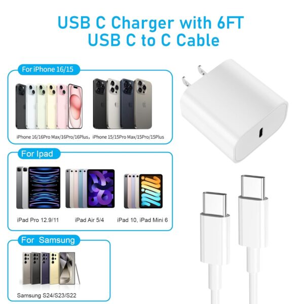 iPhone 16 15 Charger Fast Charging, 20W USB C Wall Charger Block with USB C to C Cable Fast Charging for iPhone 15/16 Pro Max/15/16 Pro/15/16 Plus/Pad Pro 12.9/11/Air and More