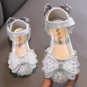 JAHH Vacation Shoes for Children's Fashion Spring Summer Girls Sandals Party Dress Dance Show Princess Shoe Rhinestone Bowknot Ribbon Hook Loop for Birthday Holiday Party (3.5-4...
