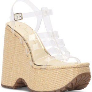 JESSICA SIMPSON Womens Clear Mixed Media 2" Platform Woven Padded Divinia Round Toe Wedge Buckle Heeled Sandal 11 M