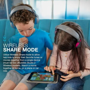 JLab JBuddies Studio 2 On-Ear Kids Wireless Headphones, Blue/Graphite, Volume Safe, Folding, Adjustable, Noise Isolation, Mic