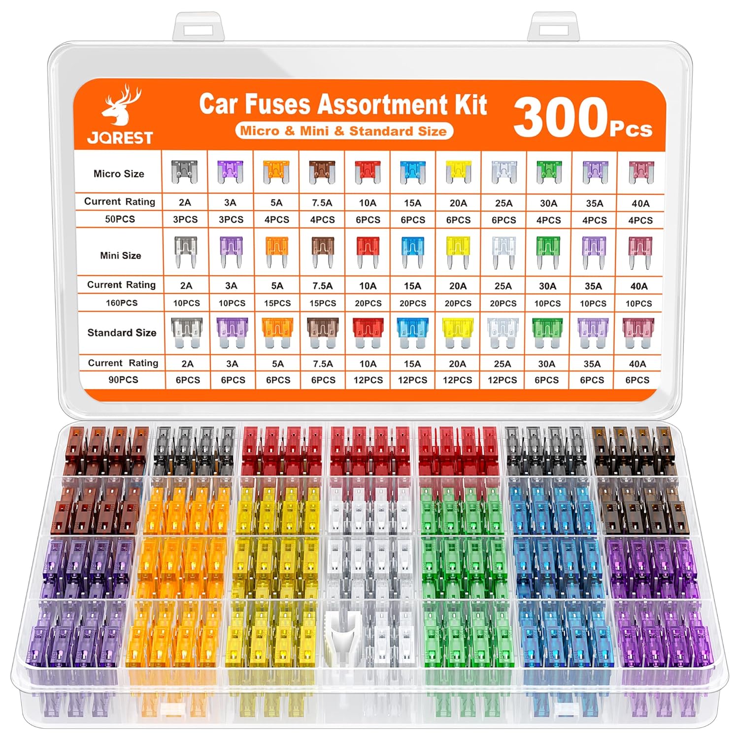 JOREST 300Pcs Car Fuses Assortment Kit,160 Mini Blade Fuses Automotive + 90 Standard Auto Fuses + 50 Micro Fuse + Fuse Puller – for Car/RV/Truck/Motorcycle(2Amp 3A 5A 7.5A 10A...