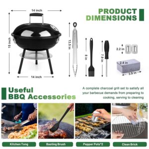 Joyfair 14in Small Charcoal Grill with Tools, 7Pcs Portable Camping BBQ Smoker Kit for Outdoor Barbecue/Tabletop Cooking, Enamel Fire Box & Extra Thick Steel, Include Food Tong,...