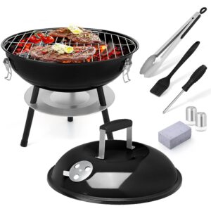 Joyfair 14in Small Charcoal Grill with Tools, 7Pcs Portable Camping BBQ Smoker Kit for Outdoor Barbecue/Tabletop Cooking, Enamel Fire Box & Extra Thick Steel, Include Food Tong,...
