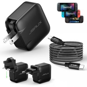 JSAUX 65W USB C Charger for Nintendo Switch 2, ROG Ally, Steam Deck, Tablets, Laptops, Samsung Galaxy, Pixel, 65 Watt PD Wall Fast Charger with 6.6FT USB C to C Cable, EU & UK Plug