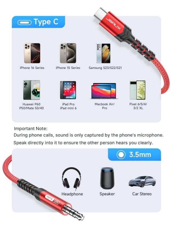 JSAUX USB C to 3.5mm Audio Aux Jack Cable Compatible with iPhone 16 [3.3ft], USB Type C to 3.5mm Headphone Stereo Cord Car for iPhone 16 Pro Max/Plus/16e/15 Series, Galaxy S25...