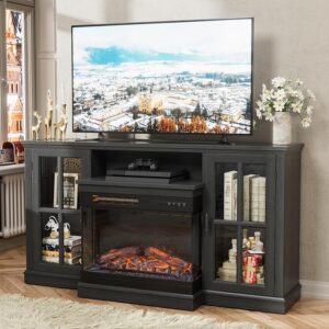 JUMMICO Fireplace TV Stand for TVs up to 65'', 3-Sided Glass Media Entertainment Center Console Table with Cabniet Storage Adjustable Flame LED Color for Living Room (Black)