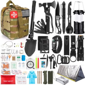 Kaqinu Survival Kit 250 Pcs with Molle System Compatible Bag,Emergency Tent,Flashlight and more Great Gift for Men Camping Outdoor Adventures
